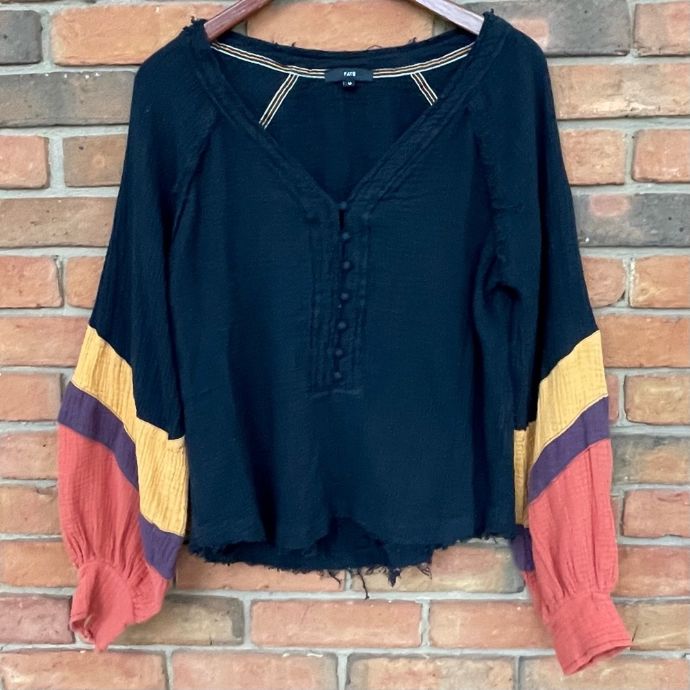 Fate Top Gauze Colorblock Distressed Cotton Sz M
